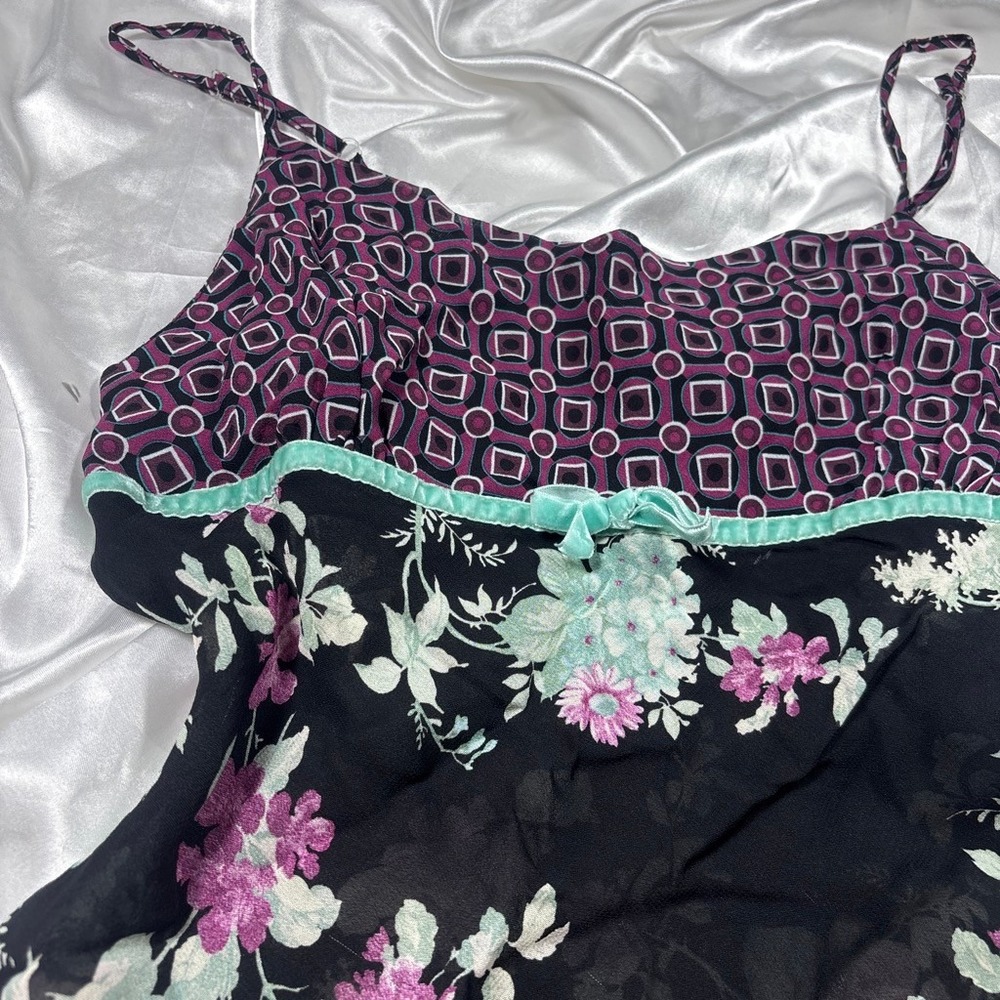 y2k GreenHouse silk Cami Top Black Floral Mixed Print Velvet Trim Bow 36 - Picture 3 of 7